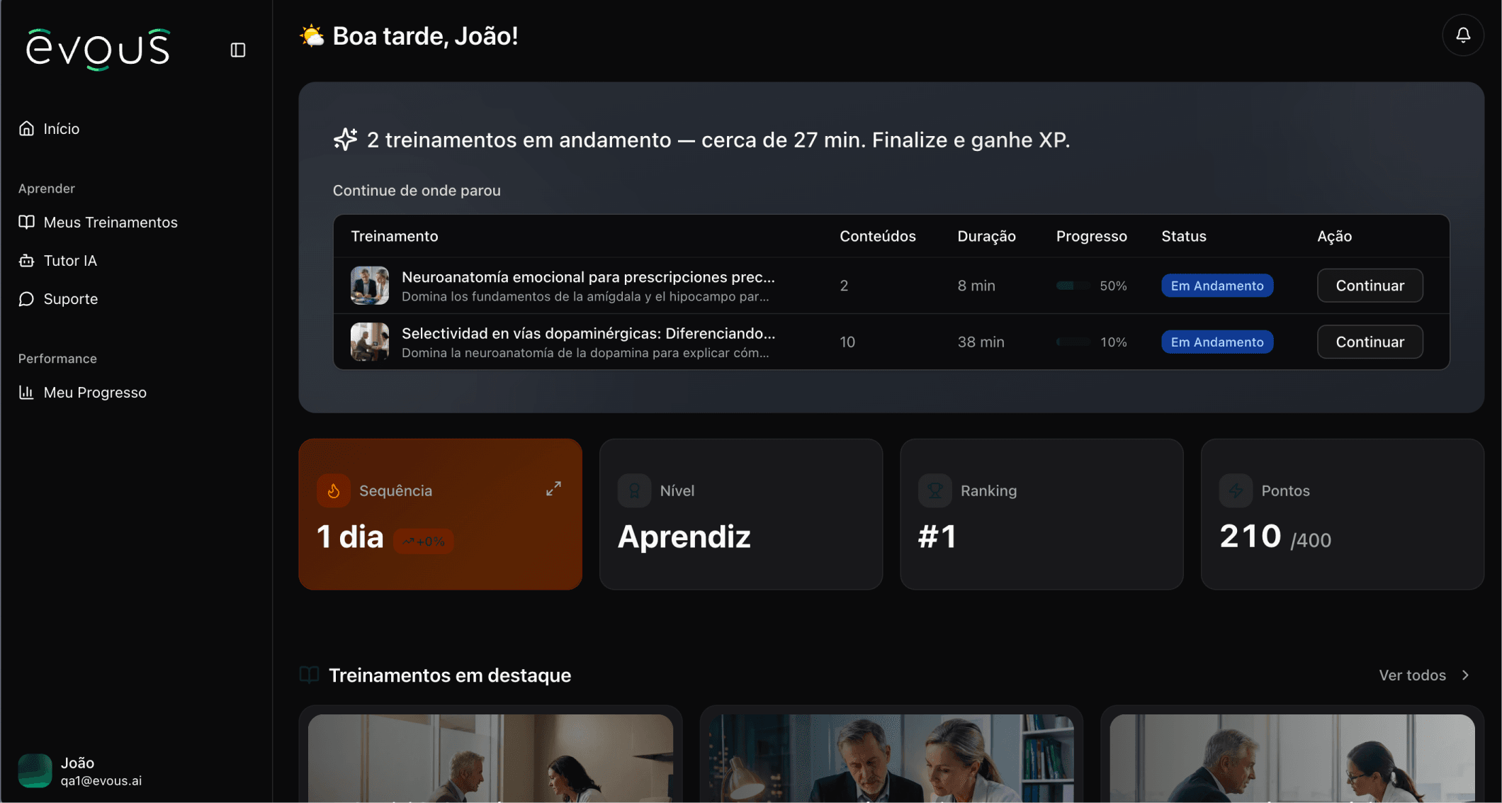 Dashboard del alumno Evous Learn
