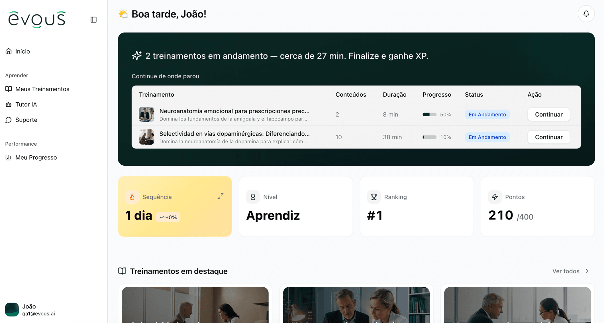 Evous Learn student dashboard